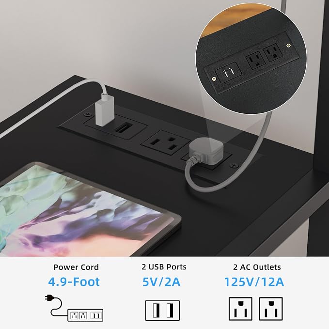 Lerliuo Printer Stand with Charging Station and USB Ports, Large 3-Tier Mobile Printer Table with Storage Shelf, Black Rolling Industrial Printer Cart with Lockable Wheels for Home Office