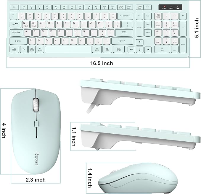 Silent Keyboard and Mouse Combo Wireless,ful-Sized Wireless Keyboard and Adjustable DPI Mouse, 2.4GHz USB Receiver, Keyboard and Mouse for PC, Windows, MAC, Desktop, Laptop (Mint Green-B)