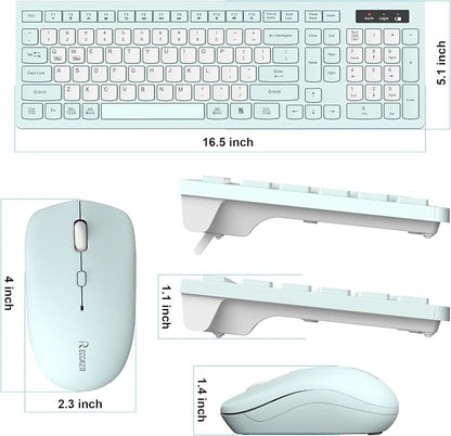 Silent Keyboard and Mouse Combo Wireless,ful-Sized Wireless Keyboard and Adjustable DPI Mouse, 2.4GHz USB Receiver, Keyboard and Mouse for PC, Windows, MAC, Desktop, Laptop (Mint Green-B)