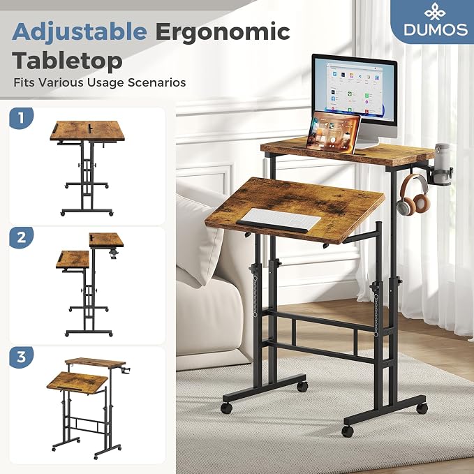 DUMOS Split Top Rolling Standing Desk 23.6 Inch Mobile Laptop Workstation Manual Height Adjustable Sit Stand Office Table Walking Pad Study Surface Portable Home Office Computer Cart Rustic Brown