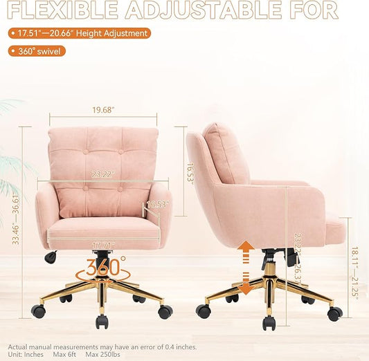 Flannel Office Chair, Comfy Home Office Desk Chairs with Lumbar Support, Modern Velvet Desk Chair Gold Legs Small Swivel Task Chair for Home Office, Bedroom, Study (Pink, L)