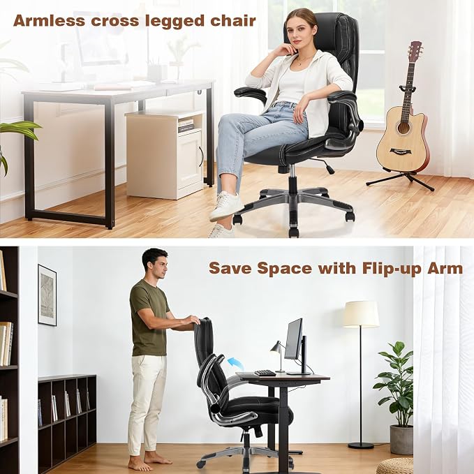 Executive Office Chair with with Flip up Arms, Big and Tall Ergonomic High Back Office Chairs, 90-120° Rocking Lumbar Support Home Computer Desk Chair Wheels(Black)