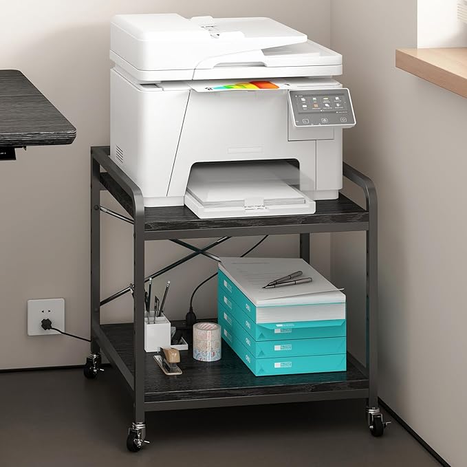 METYERRY Under Desk Printer Stand with Power Outlet,2 Tier Large Printer Table with Adjustable Shelf,Rolling Printer Cart with Industrial Wheels for Home Office,20"×20" Black