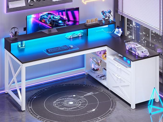 SEDETA Corner Computer Desk, 55" L Shaped Gaming Desk with Storage Drawers and Power Outlet, Farmhouse Corner Gaming Desk with Storage Shelves and LED Lights for Home Office, Black