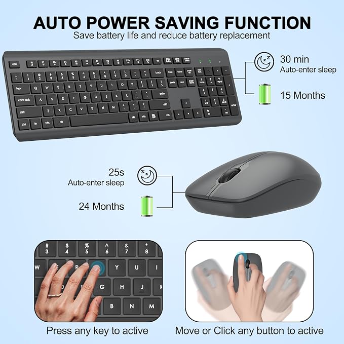 Wireless Keyboard and Mouse Combo, Full-Size Silent Ergonomic Keyboard and Optical Mouse, Long Battery Life, 2.4G Lag-Free Mice Keyboard for Computer,Mac,Laptop,PC,Windows(Gray)