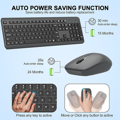 Wireless Keyboard and Mouse Combo, Full-Size Silent Ergonomic Keyboard and Optical Mouse, Long Battery Life, 2.4G Lag-Free Mice Keyboard for Computer,Mac,Laptop,PC,Windows(Gray)
