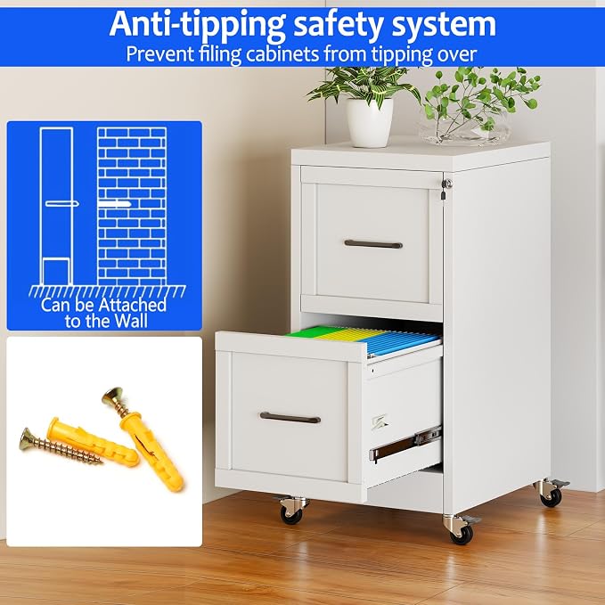 Small Metal 2-Drawer File Cabinet, Under Desk Office Cabinet, White | Rolling, Locking, Adjustable Hanging Rail, Fit A4, FC, Letter, Hanging File Folders for Home Office Storage Organization, 1PS