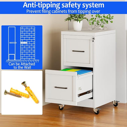 Small Metal 2-Drawer File Cabinet, Under Desk Office Cabinet, White | Rolling, Locking, Adjustable Hanging Rail, Fit A4, FC, Letter, Hanging File Folders for Home Office Storage Organization, 1PS