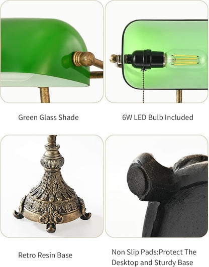 Vintage Green Glass Bankers Desk Lamp for Home Office,Library with Pull Chain Switch Plug in Fixture, LED Bulb Included