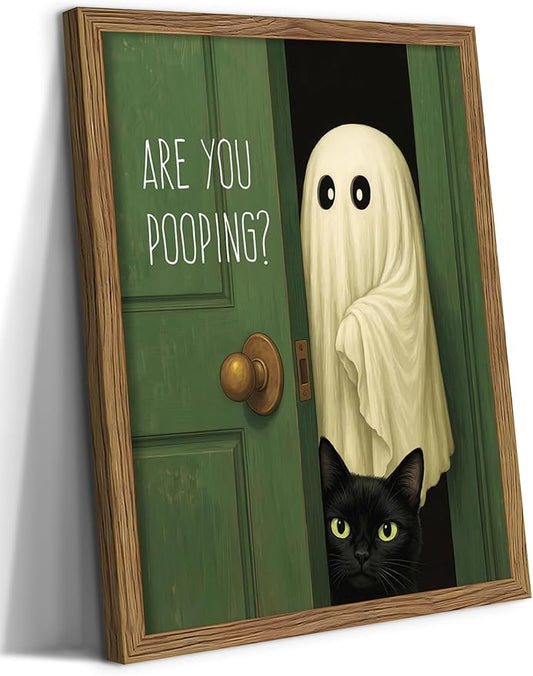 Funny Ghost Cat Halloween Bathroom Wall Art, Cute Ghost Bathroom Halloween Wall Decor Are You Pooping Picture, Vintage Framed Canvas Prints Funny Artwork for Restroom 8x10in Wood Frame