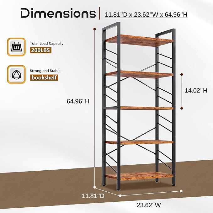 DurayLoly 2 Pieces 5 Tier Bookshelf, Tall Bookshelf with Metal Frame and Sidebars, Modern Bookcase for Bedroom, Home Office and Living Room, Rustic Brown