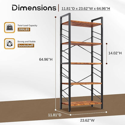 DurayLoly 2 Pieces 5 Tier Bookshelf, Tall Bookshelf with Metal Frame and Sidebars, Modern Bookcase for Bedroom, Home Office and Living Room, Rustic Brown