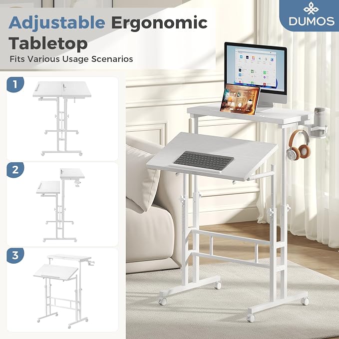 DUMOS Split Top Rolling Standing Desk 23.6 Inch Mobile Laptop Workstation Manual Height Adjustable Sit Stand Office Table Walking Pad Study Surface Portable Home Office Computer Cart White