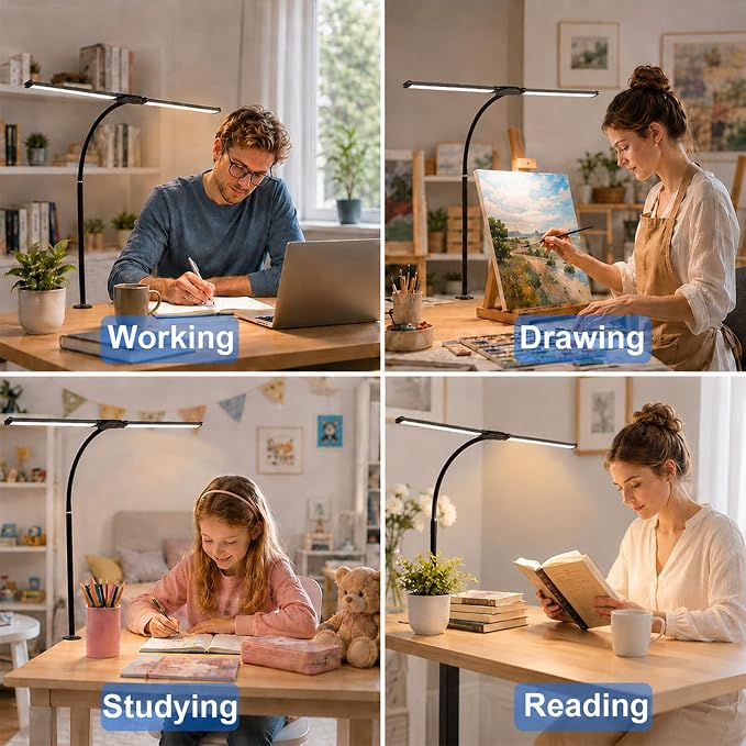 LED Desk Lamp for Home Office, Eye-Care Architect Light with Clamp, Double Head Computer Monitor Table Light with 3 Color Modes 10 Brightness, Adjustable for Reading, Study, Drafting, Workbench, Black