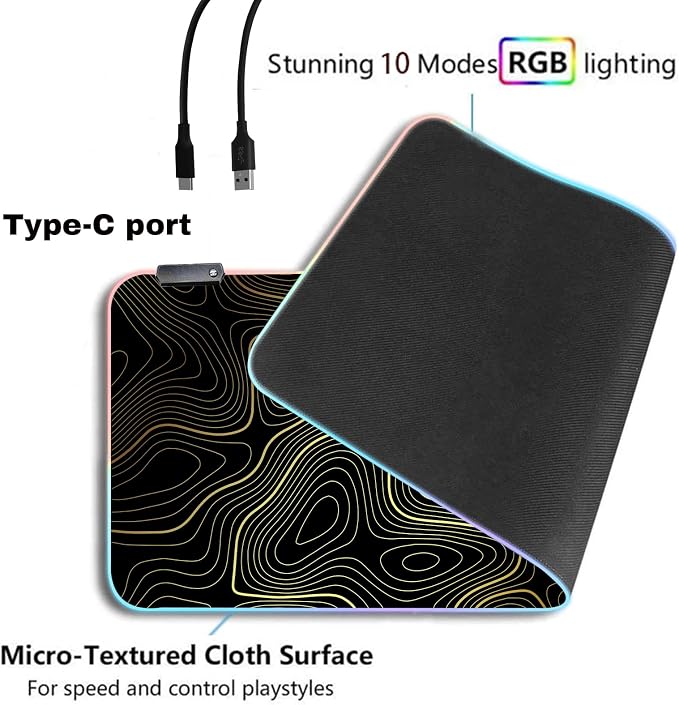 RGB Mouse Pad LED Desk Mat Large Gaming Mousepad Black and Gold Line Design, Keyboard Pad XL Mouse Mat for Home and Office (Black with Gold Topographic Line)