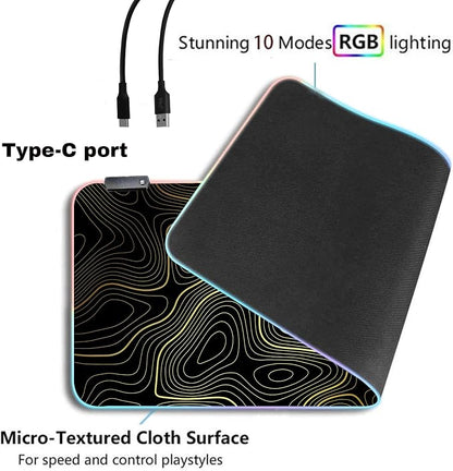 RGB Mouse Pad LED Desk Mat Large Gaming Mousepad Black and Gold Line Design, Keyboard Pad XL Mouse Mat for Home and Office (Black with Gold Topographic Line)