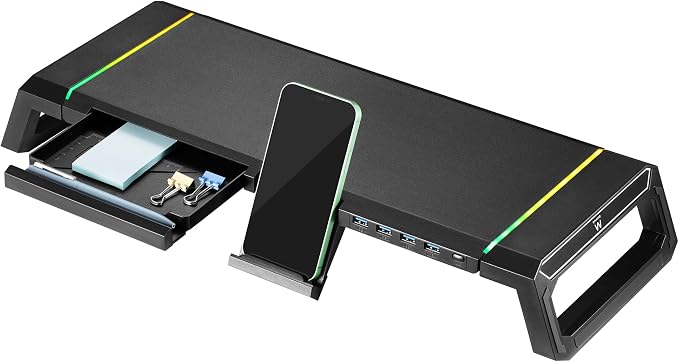 Ewent RGB Monitor Stand, Adjustable Screen Stand, Foldable with Storage Drawer, Smartphone and Tablet Holder + 4 USB 3.2Gen1 Ports, Monitor Riser for PC/Laptop/iMac, Black