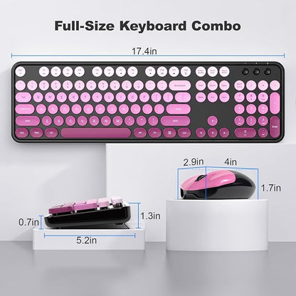 Wireless Keyboard and Mouse Combo, 2.4GHz Gradient Colorful Full-Size Retro Typewriter Keyboard with Wireless Mouse for PC/Desktop/Laptop/Windows (Black Pink)