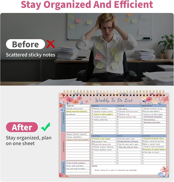 104 Pgs Weekly To Do List Notepad, 52 Duplex-Printed Undated Sheets 100 GSM（8.5"×11") Weekly Desk Planner For Work Home School Office Desk Accessories Supplies & Goal Setting Tasks -Pink Floral