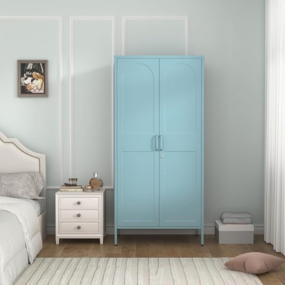 67" Metal Wardrobe Cabinet with Lock,Multi-Functional Locker with Adjustable Shelves and Hanging Rod,2 Door Storage Cabinet for Home, Bedroom,Cloak Room, Office Blue