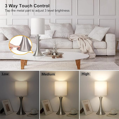 Touch Control Table Lamp, 3-Way Dimmable Bedside Lamp for Living Room, Modern Nightstand Lamp for Bedroom, Silver Table Lamp with White Shade, Desk Lamp for Dorm, Home, Office, 3000K LED Bulb Included