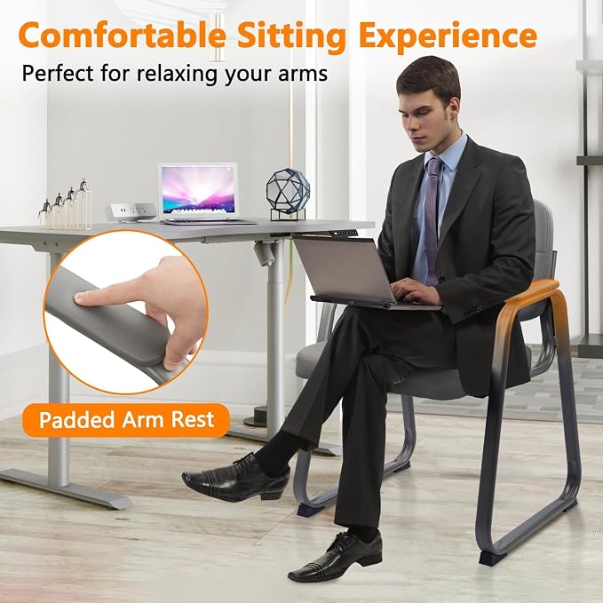 CLATINA Waiting Room Chair | Leather Guest Chair with Padded Arms no Wheels for Office Reception Conference Desk with Sled Base Grey, 2PK