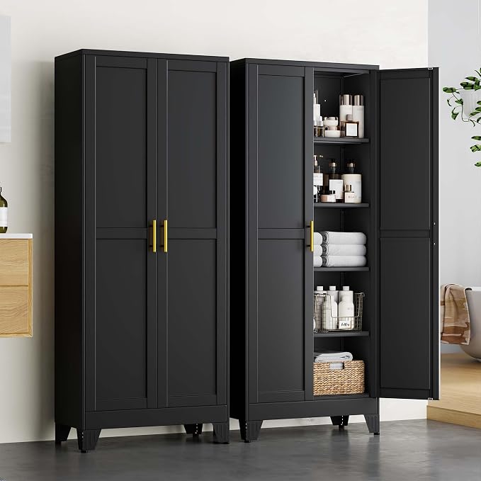 pozdeg 71" Tall Metal Storage Cabinet with 2 Doors & 4 Adjustable Shelves, Steel File Cabinet Multipurpose Organizer for Home Office Garage (Black)