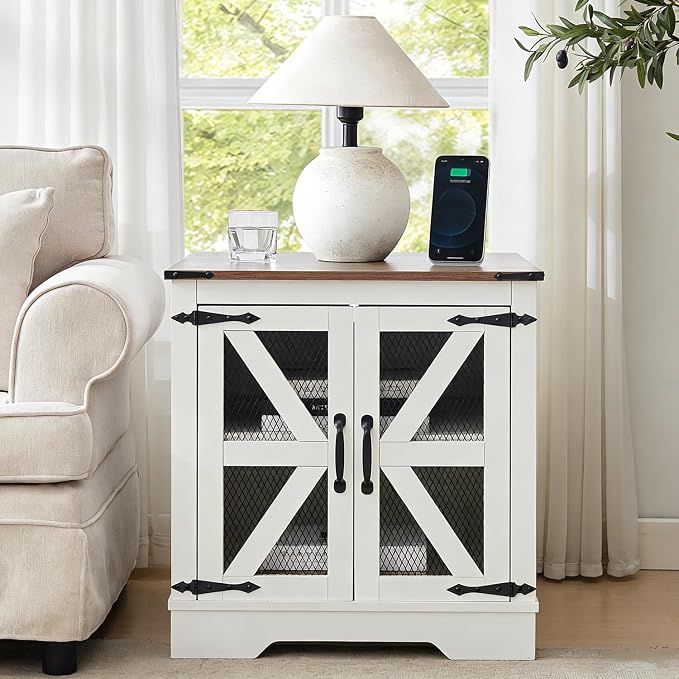 Farmhouse End Table Set with Charging Station Set of 2, Living Room Tables with Hidden Storage, Wood Square Sofa Bedside Tables, Night Stand with Power Outlet and Door, White