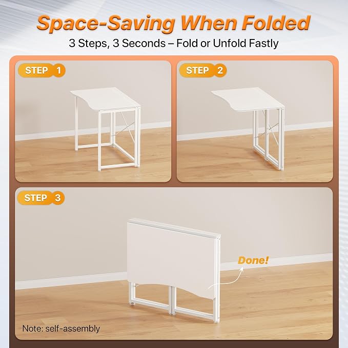 Huuger Folding Desk for Small Spaces, 31.5 Inch Foldable Computer Table, for Home Office, Study, Bedroom, Dorm, Space Saving, Small Writing Work Office Computer Desk, Easy to Fold, White