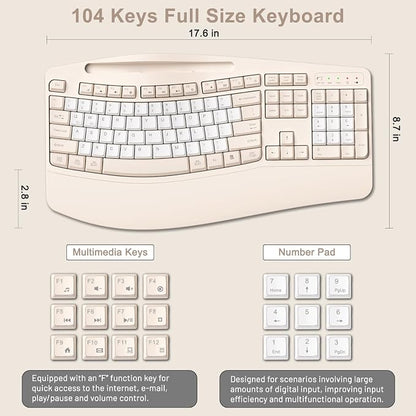 Wireless Keyboard and Mouse Combo, 2.4G Full Size Wave Keys Ergonomic Keyboard with Wrist Rest, Phone Holder, 3-Level DPI Wireless Silent Mouse with 6-Buttons, for Windows (Milk Tea-B)