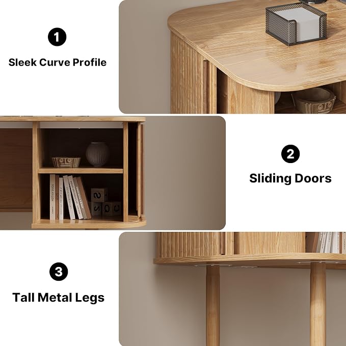 MAISONARIA 55" Modern Writing Desk with Storage, Wood Home Office Desk with Sliding Doors, Computer Desk for Home Office, Dorm, Living Room, Home Study Table, Natural