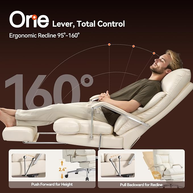 OKUP M76 160° Reclining Executive Office Chair with Footrest, Adjustable Seat Depth Leather Office Chair, 8" Thick Sofa-Like Cushion, 420 lb Reinforced High Back Desk Chair for Home Office, Cream