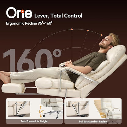 OKUP M76 160° Reclining Executive Office Chair with Footrest, Adjustable Seat Depth Leather Office Chair, 8" Thick Sofa-Like Cushion, 420 lb Reinforced High Back Desk Chair for Home Office, Cream