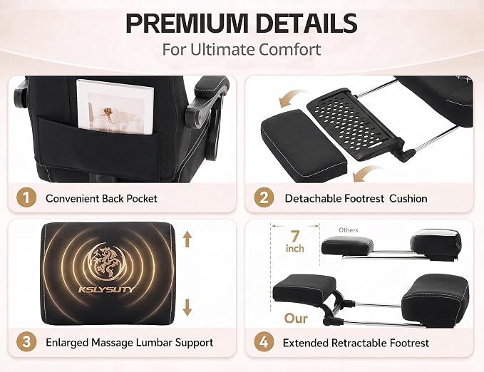 Office Desk Computer Gaming Chair for Adults, Ergonomic High Back Gamer Chair with Massage and Pocket Spring Cushion, Swivel Comfy Video Game Chairs with Footrest and Lumbar Support (Pro Black)