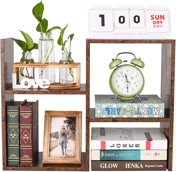 PAG Desktop Shelf Freestanding Wooden Small Bookshelf Desk Supplies Organizers and Accessories Storage Display Rack Office Dorm Decor for Women, Antique Brown