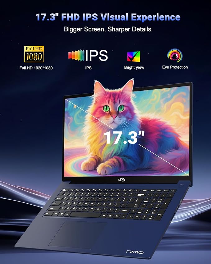 NIMO 17.3" Gaming-Creator-Laptop, 8-Core Ryzen 7 8745HS 32GB RAM 1TB SSD Beat i7-1360P up to 4.9GHz Radeon 780M, USB 4.0 FHD 100W Fast PD for Video Editing, AI Tasks & Remote Streaming, 2-Yr Warranty