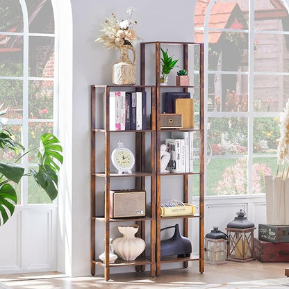 YUFAM 66in Tall Bookshelf 6-Tier Small Narrow Bookcase, Skinny Book Shelf for Small Space, Farmhouse Slim Shelf with Storage, Wood Freestanding Display Thin Bookshelves for Living Room, Office, Brown
