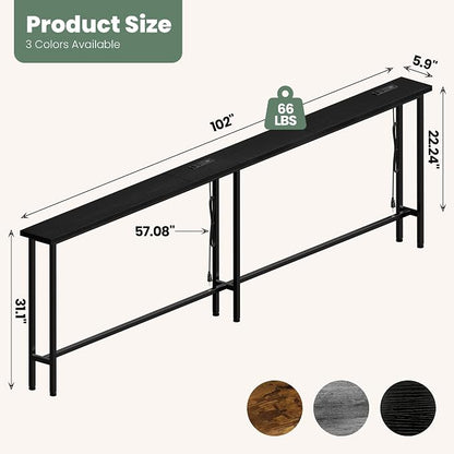 GRLEAF 102" Sofa Table with Built-in Power Strip (4 AC Outlets & 4 USB Ports) – 4.9ft Power Cord, Metal Frame, Easy Assembly, Long Couch Table Behind Sofa, Living Room and Home Office | Black