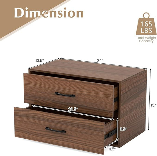 2 Drawer Lateral File Cabinet, Stackable Home Office Drawers, Under Desk Printer Stand, Low Storage Organizer, Horizontal Wooden Filing Cabinet for Study Living Room, No Wheels (2, Walnut)