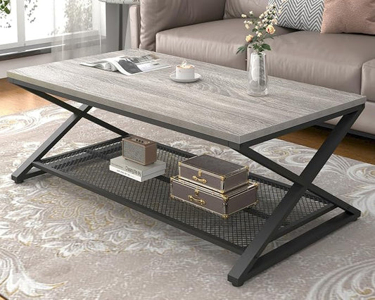 LVB Gray Coffee Table, Farmhouse Wood Metal Center Table with Storage for Living Room, Industrial Wooden 2 Tier Rectangle Cocktail Tea Table with Mesh Shelf for Office Bedroom, 47 inch, Light Grey Oak
