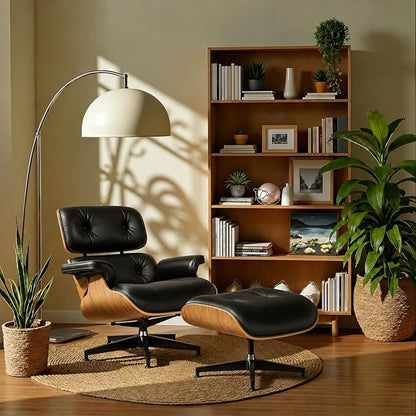 Mid Century Chaise Lounge Chair with Ottoman, Genuine Leather Reading Chair, Modern Chair Classic Design, Heavy Duty Base Support for Living Room Study Lounge Office,Tall Premium, Walnut Black