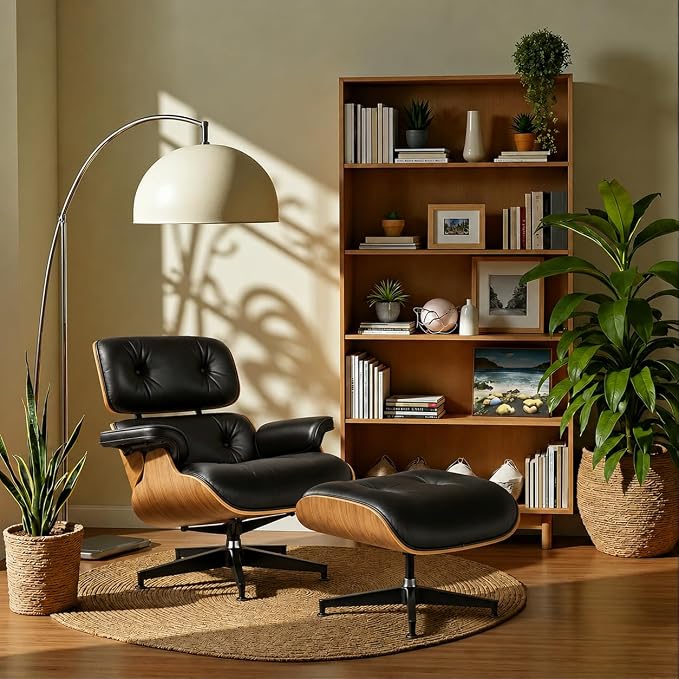 Mid Century Chaise Lounge Chair and Ottoman,Full Grain Leather Reading Chair,Modern Chair Classic Design,Heavy Duty Base Support for Living Room Study Lounge Office,Aniline Leather Walnut Black