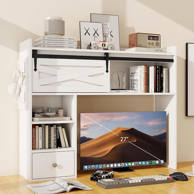 ELECWISH Desktop Bookshelf, Desk Shelf with Drawer for Computer Desk, 36.22" 7-Tier Adjustable Desktop Hutch Organizer with Pegboard for Home Office, Oak