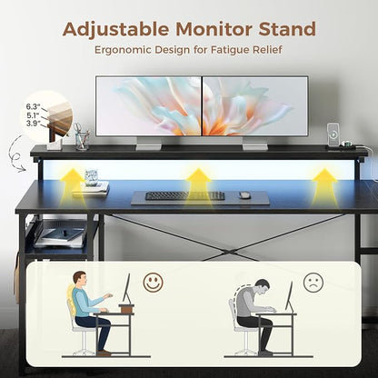 AODK 61" L Shaped Desk with Drawer, Computer Desk with Power Outlets & LED Lights, Reversible Corner Gaming Desk for Home Office Workstation, Office Desk with Monitor Shelf, Pure Black