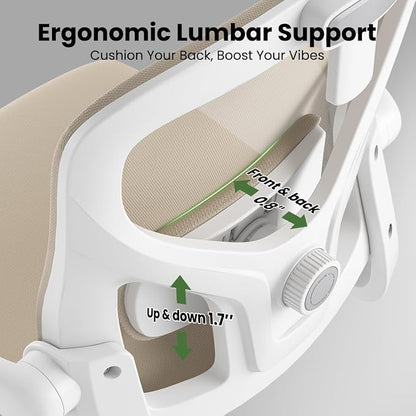 Soohow Ergonomic Office Chair, Office Mesh Desk Chair with Adjustable Lumbar Support Armrests, Comfy Computer Desk Chair with Headrest, for Home and Office, White & Khaki