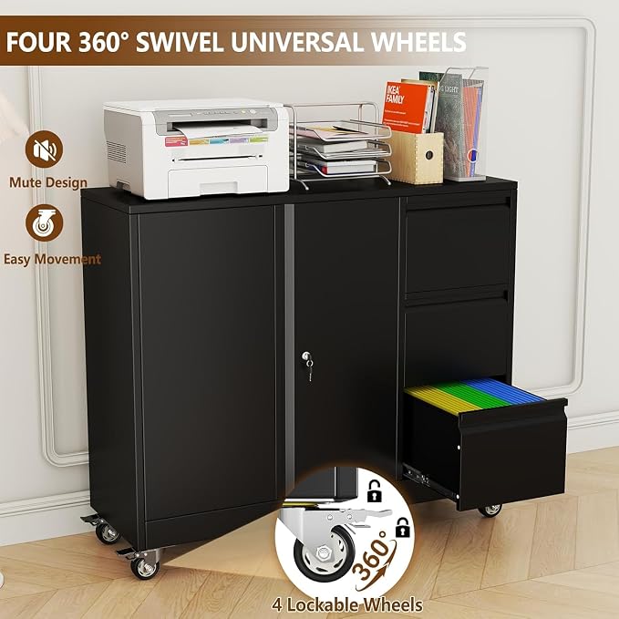 47" Rolling File Storage Locker Cabinet with 3-Drawer，Office Storage Cabinet with Adjustable Shelf & Universal Wheels, Mobile Printer Stand for Home Office, Living Dining Room,Black
