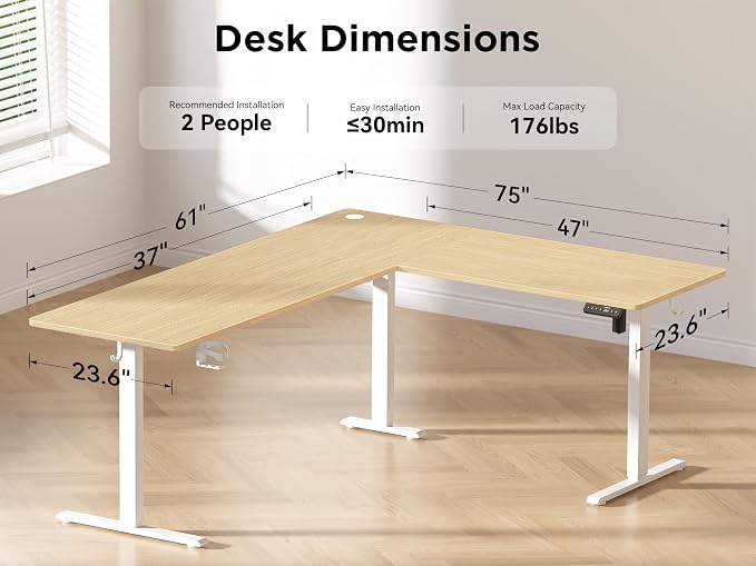 WALKINGDESK 75x61 Inches Reversible L Shaped Standing Desk Height Adjustable with Cup Holder, Electric Corner Computer Workstation for Home Office, Ergonomic Sit Stand up Gaming Desk, Oak