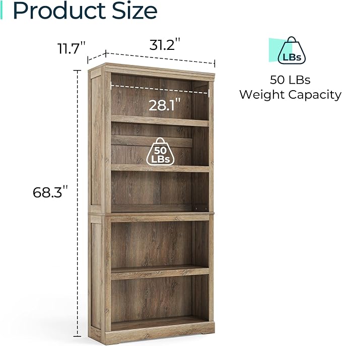 LINSY HOME 5-Shelf Bookcase, Bookshelves Floor Standing Storage Shelves 68 in Tall Bookcase Home Decor Furniture for Home Office, Living Room, Bed Room - Light Brown