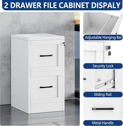 Ckzbx 2 Drawer File Cabinet with Lock, Narrow Vertical Filing Cabinet, Under Desk File Cabinets,White Metal File Cabinets for Home Office,Fit Letter/A4/Legal Size File