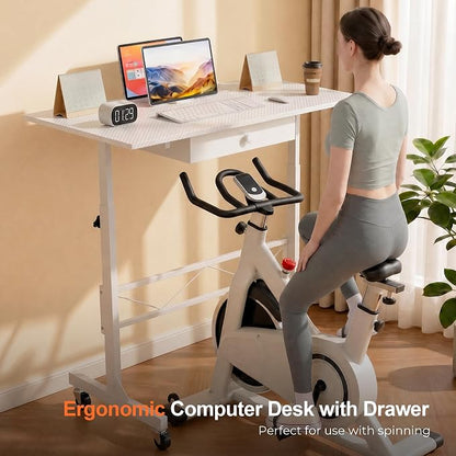 COMHOMA Small Standing Desk with Storage Drawer, Mobile Height Adjustable Rolling Sit Stand Desk with Lockable Wheels 4‑Level Portable Laptop Desk for Small Space Home Office Treadmill Workstation